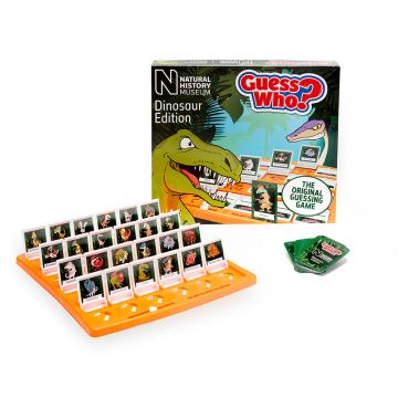 Guess Who? Dinosaur Edition Board Game packaging styled with one of the boards and a stack of Guess Who? cards.