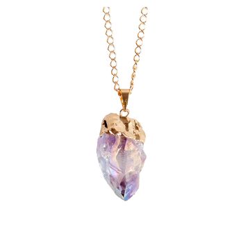 A close up of the pale purple amethyst pendant with its gold-plated top, bail (attachment) and chain.